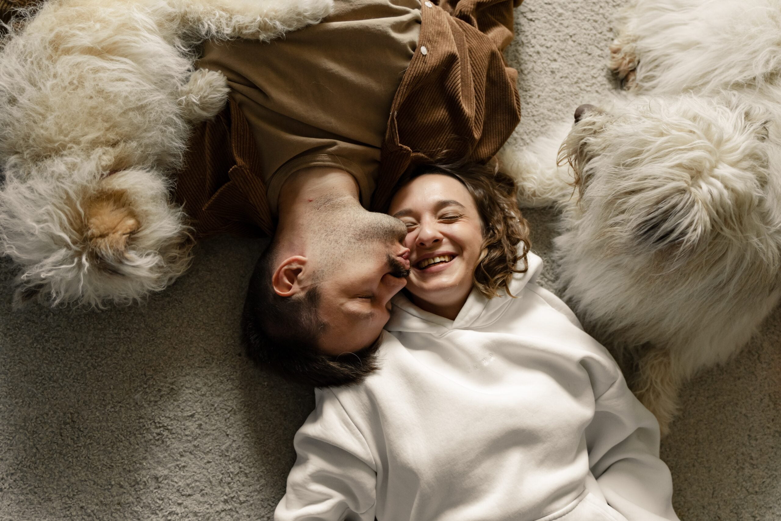 kissing and smiling couple laying on their backs on dark grey carpet with two dogs to the right and left side